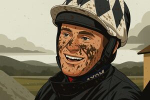 Nick Scholfield jockey covered in mud happy