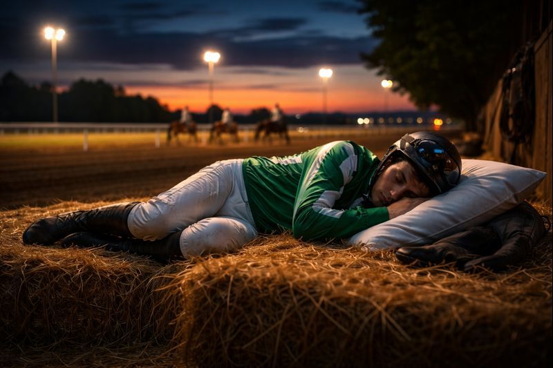jockey asleep on hay next to racecourse